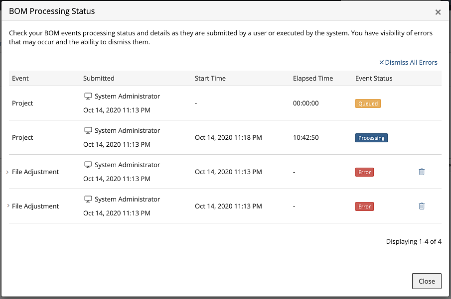 BOM Process Status dialog box