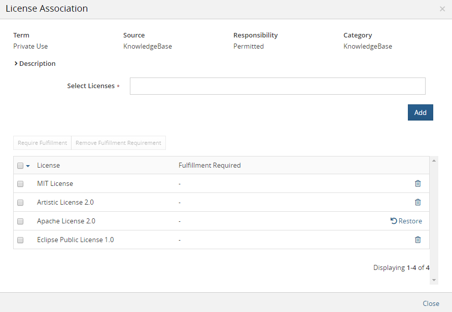 License Association dialog box